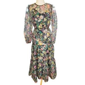 Halogen x Atlantic Pacific Floral Maxi Dress Small Sheer Long Sleeve Elegant